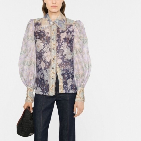 Zimmermann Purple Celestial Floral Print Linen Blend Blouse Zimmermann 1 - Picture 2 of 12